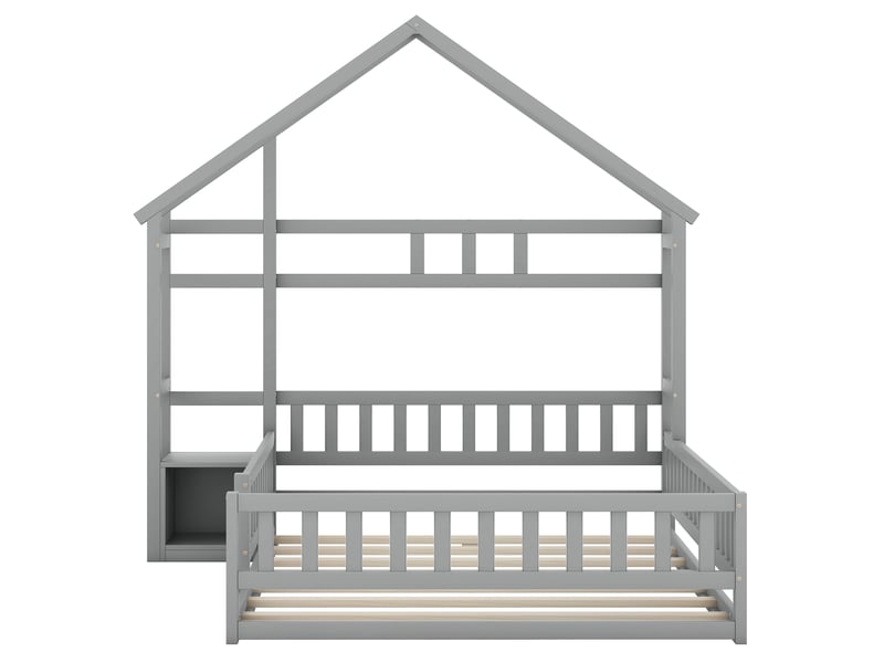  Lit enfant 140x200 cm, maison avec barrières, table de chevet intégrée, bois massif, sécuritaire et durable, gris  - Conforama R