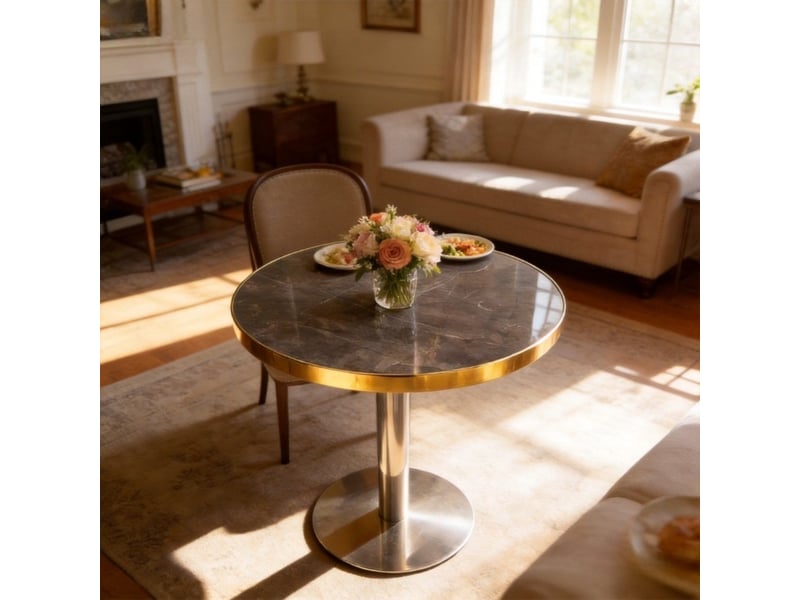  Table d’appoint ronde avec plateau effet marbre et piètement stable en acier inoxydable doré pour salon  - Conforama C