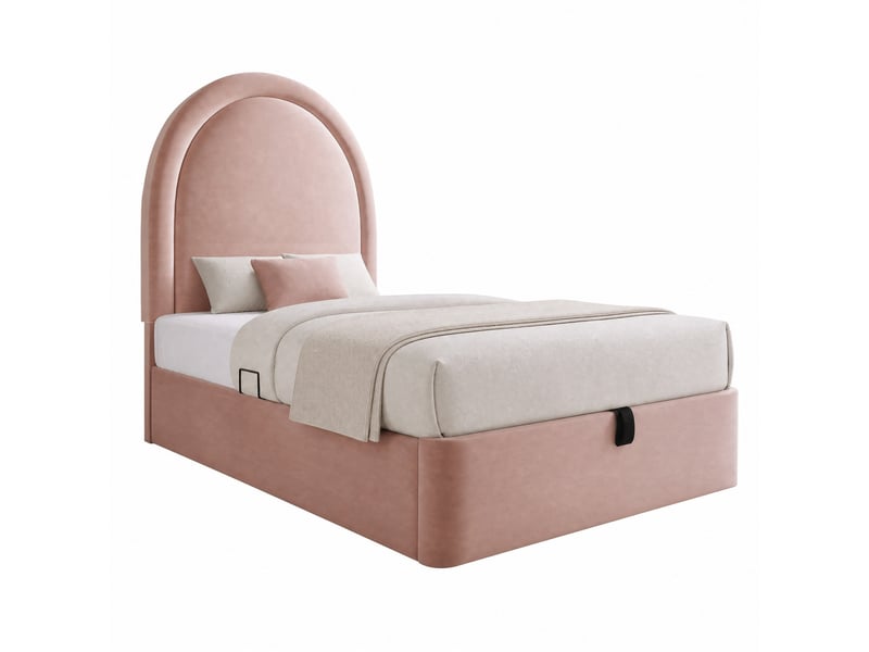 Lit coffre enfant 200×90 cm avec rangement sous le sommier, sans matelas, en velours rose avec tête de lit arrondie - Conforama A