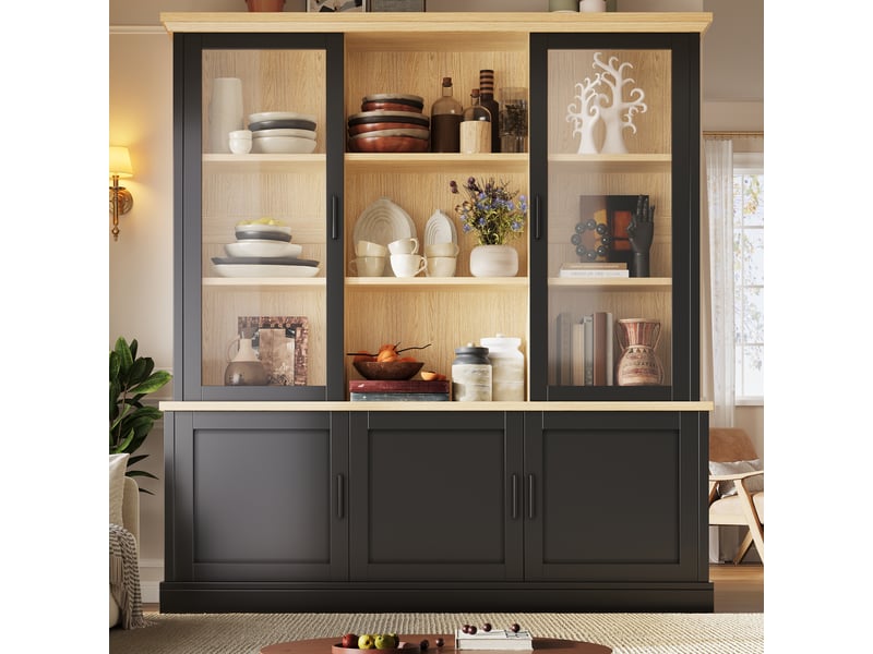  Buffet haut 140x40x185cm avec vitrine supérieure, étagères réglables, anti-basculement et charge 100kg,noir evarich - Conforama B
