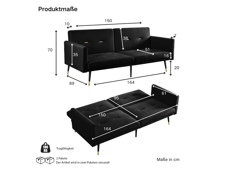  Canapé convertible 2 places 164x89x70 cm, dossier réglable à 5 positions, pieds métal, velours, noir  - Conforama C