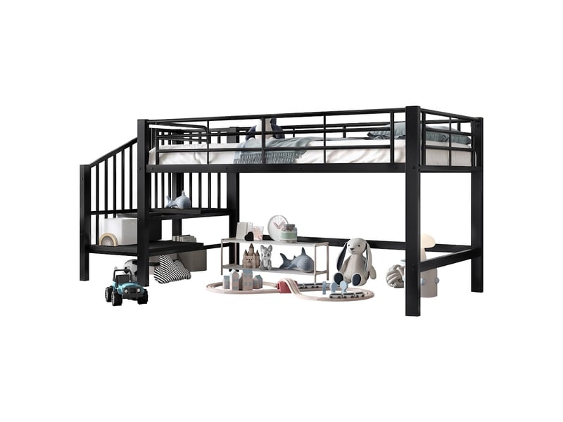  Lit mezzanine 90x200 lit enfant mi-hauteur avec escalier de rangement métal noir  - Conforama A