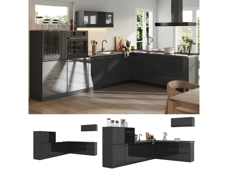  Vicco cuisine en angle, anthracite haute brillanceanthracite, 327 x cm plan de travail marbre  - Conforama D