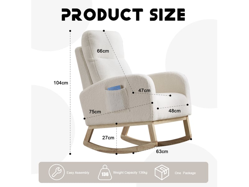 Fauteuil à bascule modenvie à dossier haut en tissu teddy blanc, poche latérale, 75 x 63 x 104 cm - Conforama C