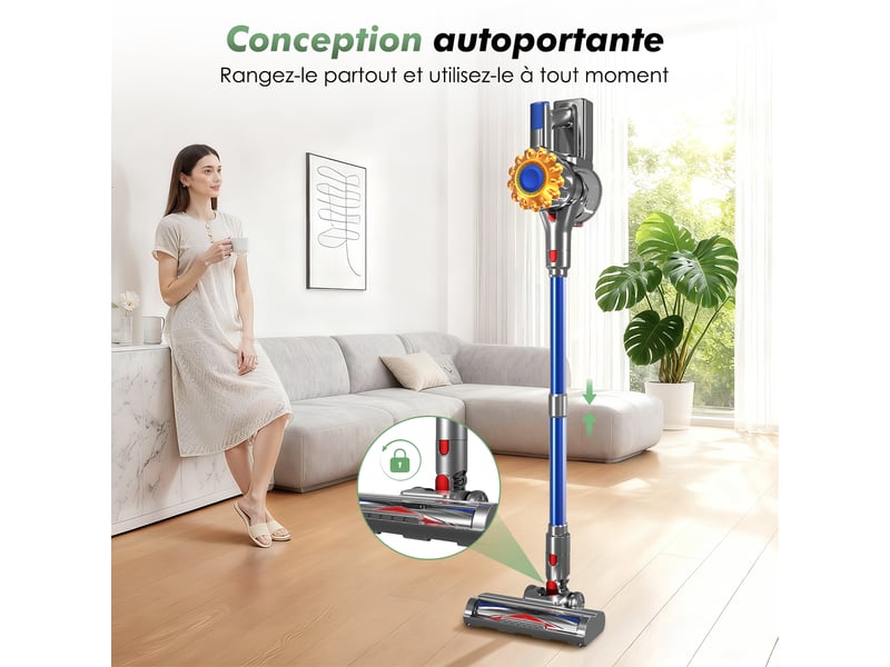  Aspirateur balai auto-portant puissant sans fil42kpa, 60 min d'autonomie, 2 vitesses, 6 en 1, capacité 1,6l, lumière verte  - Conforama R