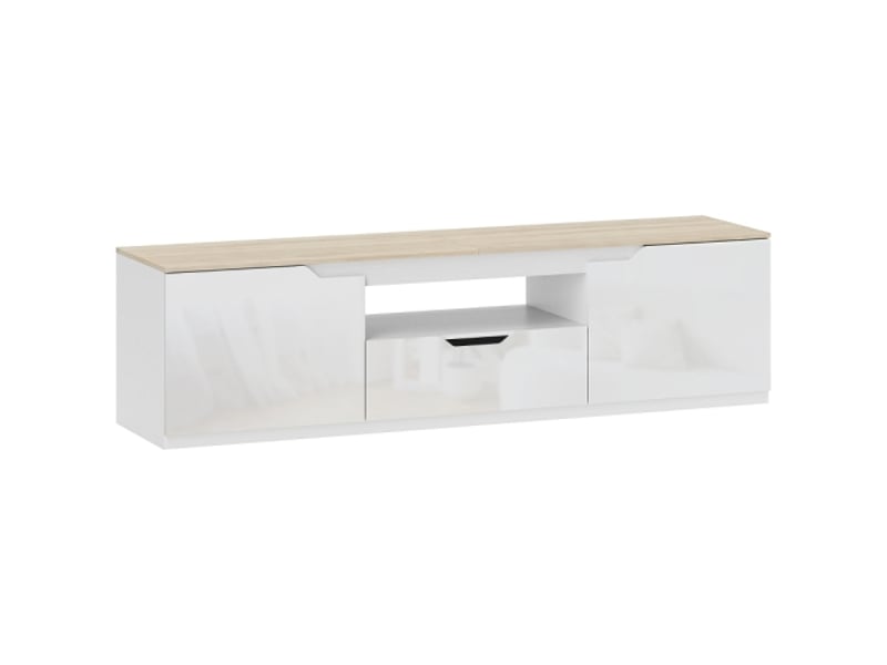  Meuble tv 160 cm effet bois naturel, finition brillante, 3 compartiments et tiroir, pour tv jusqu’à 65  - Conforama A