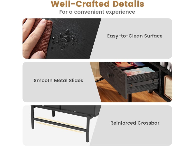 Meuble platine vinyle 3 niveaux pour albums, support de tourne-disques avec tiroir, compartiments ouverts, pour vinyles pour salon, studio (noir)  - Conforama D