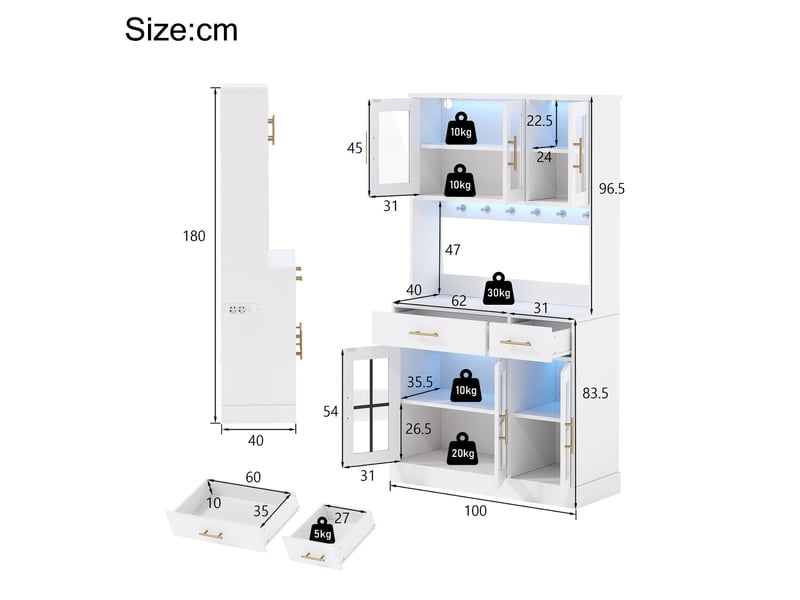 Buffet vaisselier haut 100x40x180cm avec led et prises | style moderne en mdf et verre trempé | rangement cuisine avec tiroirs - blanc - Conforama D