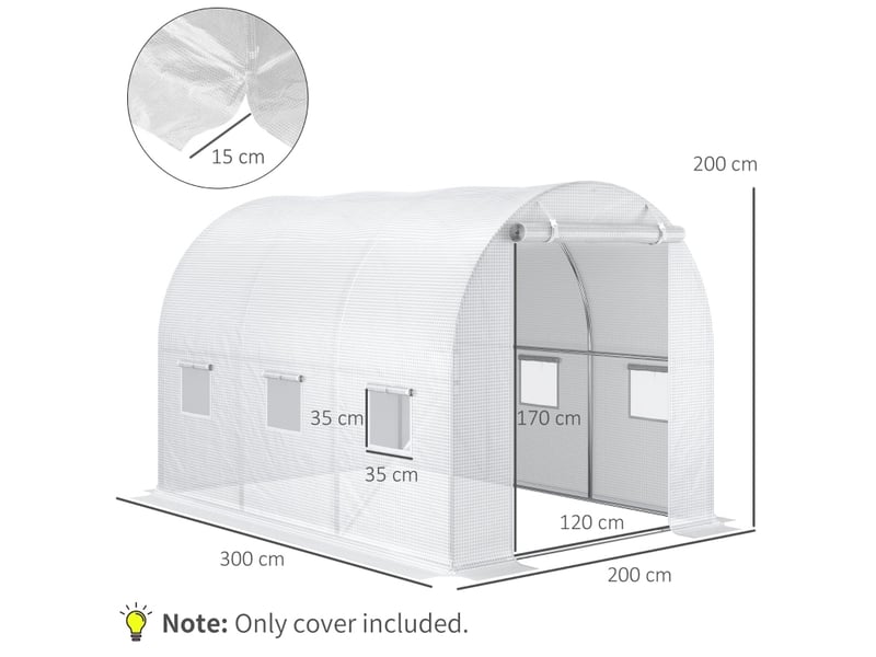  Housse de remplacement pour serre 300x200x200 cm – blanche – 24 fenêtres enroulables et porte zippée  - Conforama C