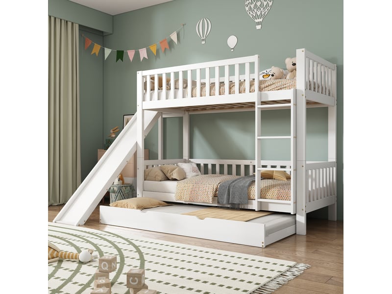  Lit superposé enfant avec lit gigogne, toboggan et échelle, blanc, 90 x 200190 cm  - Conforama C
