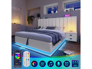 Lit coffre rembourré 160x200 cm, lit double led avec application, usb-c, sommier à lattes, sans matelas ni chevet, pu, blanc