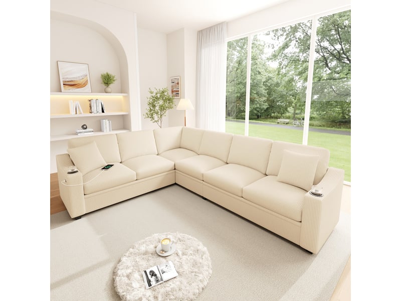  Canapé d'angle convertible,6 places, avec port de charge rapide usbtype-c, 2 porte-gobelets et 2 coussins,277 x 215 x 85 cm,beige  - Conforama D