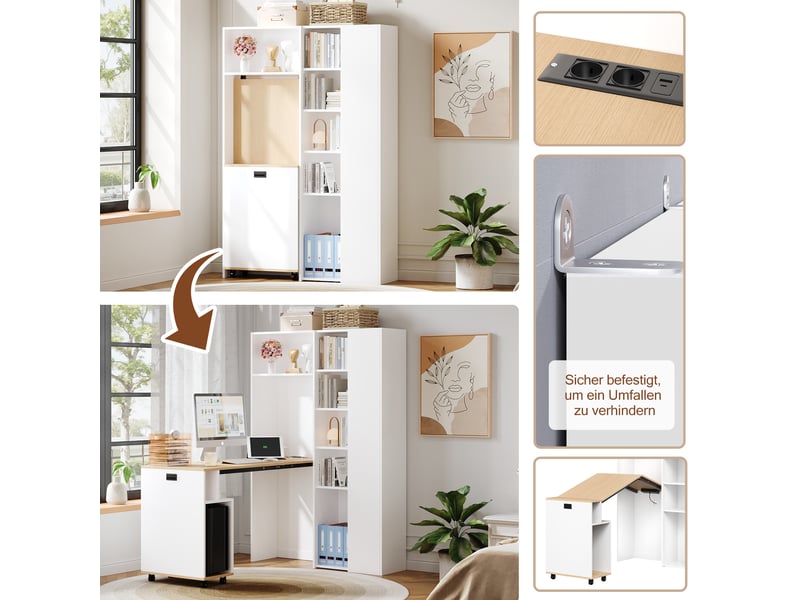 Bureau pliable avec étagère, bureau bibliothèque 2 en 1, bureau d'angle droit blanc avec prise et port usb, 104.5x160cm - Conforama W