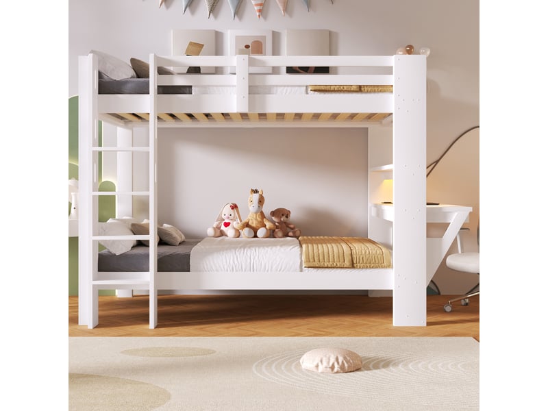  Lit mezzanine 90 x 200 cm, lit enfant surélevé, bureau intégré, étagères ouvertes, éclairage led, ports usb et usb-c, bois massif, blanc Morn Vibe - Conforama D