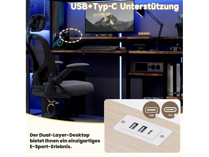  Lit mezzanine 90x200 cm avec escalier de rangement, led et usb-c noir  - Conforama D