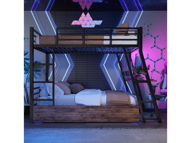 Lit mezzanine 90 x 200cm sans matelas, structure métal, led, tiroirs, bureau, échelle, noir  - Conforama D