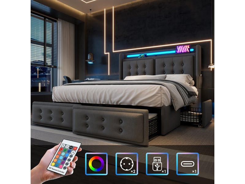  Lit double 180x200 cm-led-usb type-c-4 tiroirs-rangement-sommier à lattes-cadre métal 300 kg-tissu coton-lin-gris(sans matelas）.  - Conforama C