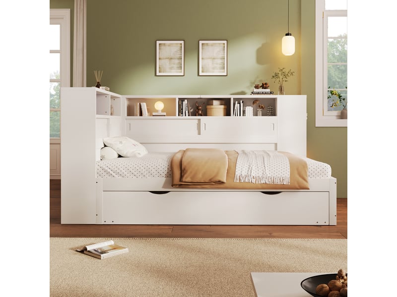  Lit de jour, lit enfant 90x200 + 90x190 cm, canapé-lit, lit gigogne, tête de lit avec rangement, usb, sans matelas, blanc  - Conforama E