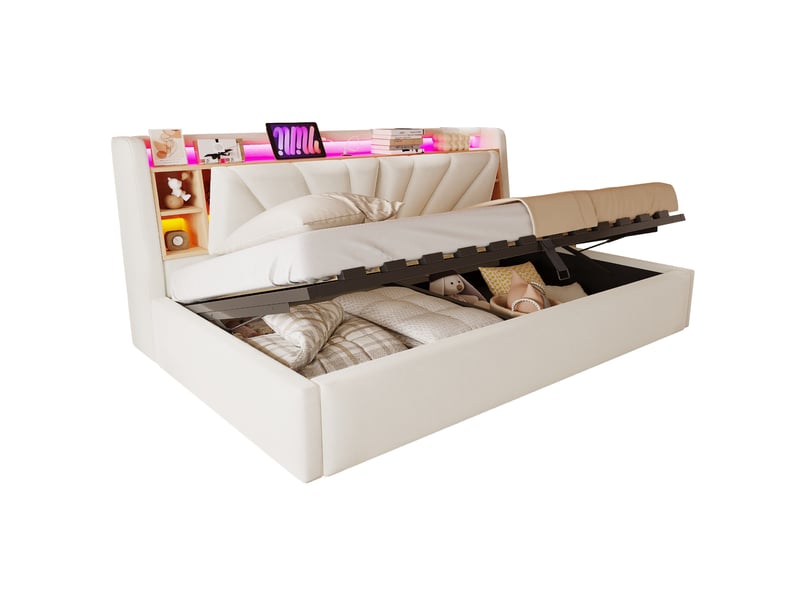  Lit banquette 90 × 200 cm, coffre hydraulique, led, usb, dossier avec étagères et rangements, velours beige doux  - Conforama A