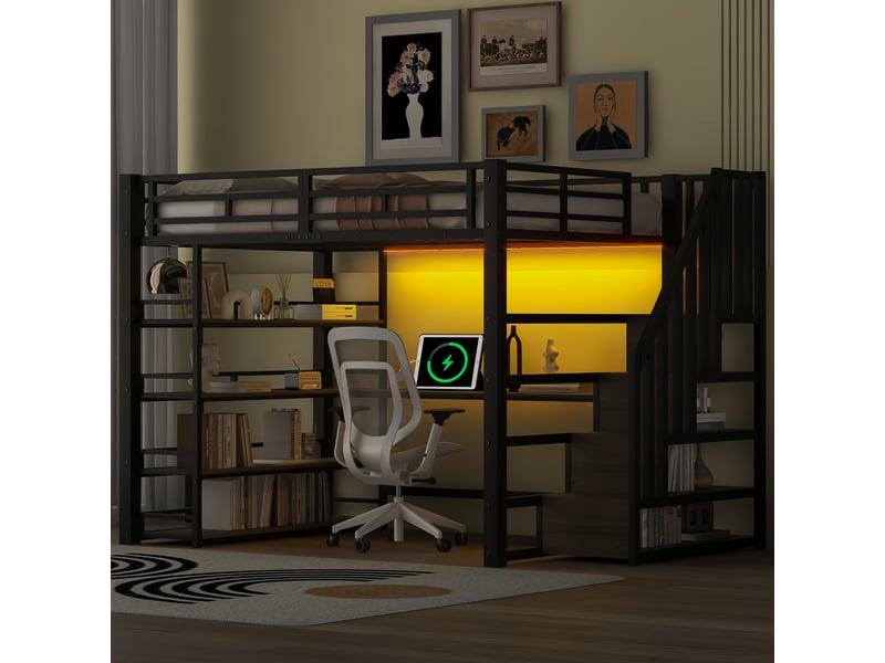  Lit mezzanine 140x200 avec bureau et escalier de rangement, métal noir  - Conforama D