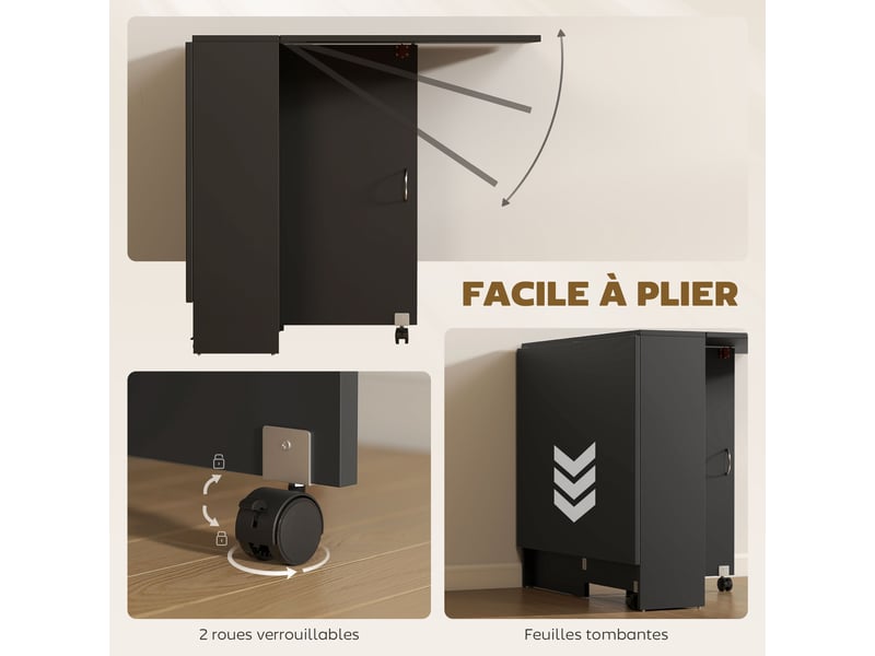 Table pliante de cuisine salle à manger amovible sur roulettes 75 x 140 x 74 cm noir coloris - Conforama R