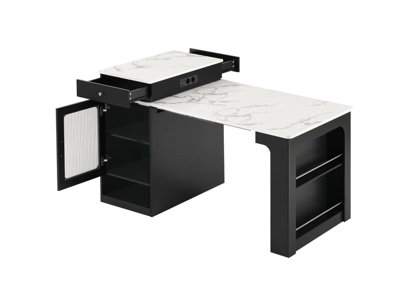 Îlot de cuisine à roulettes avec table extensible, plateau amovible, prises, bar ou buffet, noir Fay Lum - Conforama W