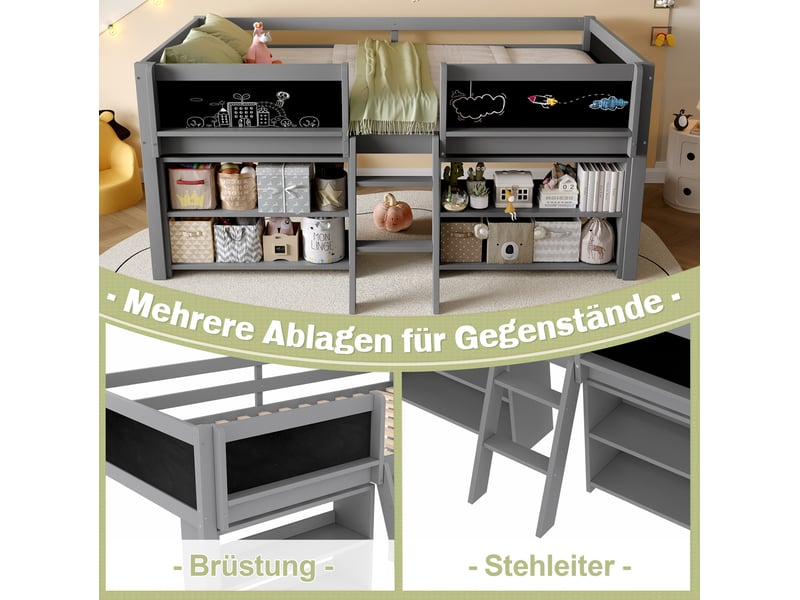  Lit surélevé 90x200 cm avec rangements, barrière et échelle de sécurité, style minimaliste, bois mdf, gris, sans matelas  - Conforama E