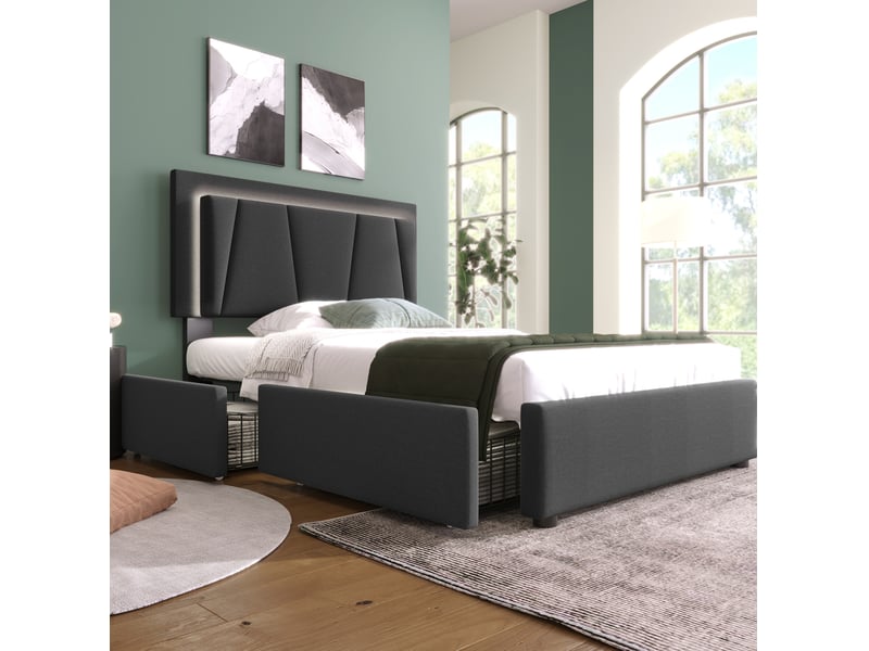  Lit simple 90x200 cm avec led, 2 tiroirs et tête de lit réglable gris  - Conforama C