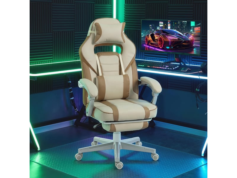  Fauteuil de jeu inclinable avec hauteur réglable, repose-pieds rétractable, soutien lombaire et appui-tête amovible - crème  - Conforama D