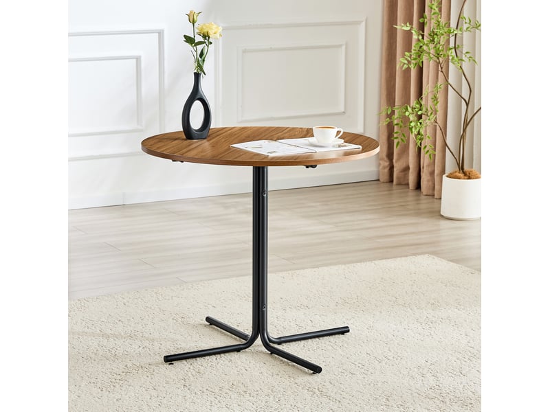  Table basse ronde avec plateau effet noyer et structure tripode en métal noir pour salon chambre balcon bureau  - Conforama C
