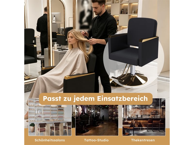  Fauteuil de coiffure hydraulique 62 x 50 x 84-94 cm – réglable à 360° avec base dorée et accoudoirs – cuir - noir et or  - Conforama D