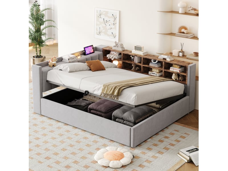  Lit coffre 2 places 140x200 cm avec rangement et ports usb gris clair  - Conforama D