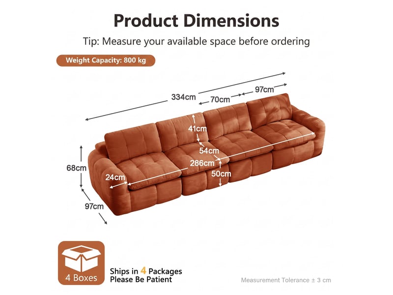  Canapé 4 places, revêtement en tissu chenille, sans assemblage, rouge orangé  - Conforama D