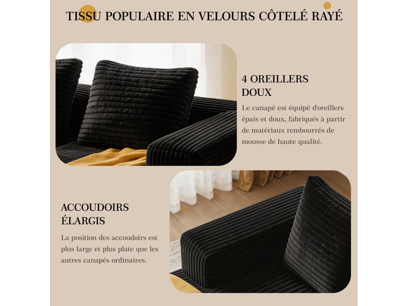 Canapé d'angle modulaire 4 places avec méridienne réversible, sans montage pour salon en velours côtelé noir  - Conforama E
