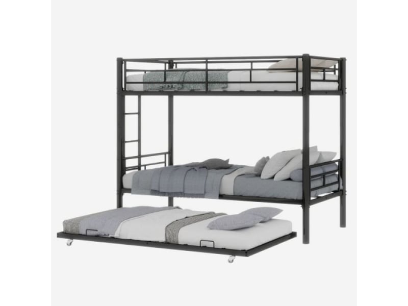  Lit superposé 3 etage 3 lits solide en métal | anti-bruit, garde-corps sécurisé, sans sommier à ressorts,noir  - Conforama A