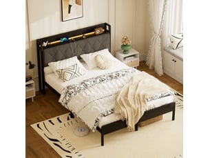 Lit double 140 × 190 cm avec tête de lit rembourrée, led, prises et rangement ouvert noir et gris pour chambre à coucher