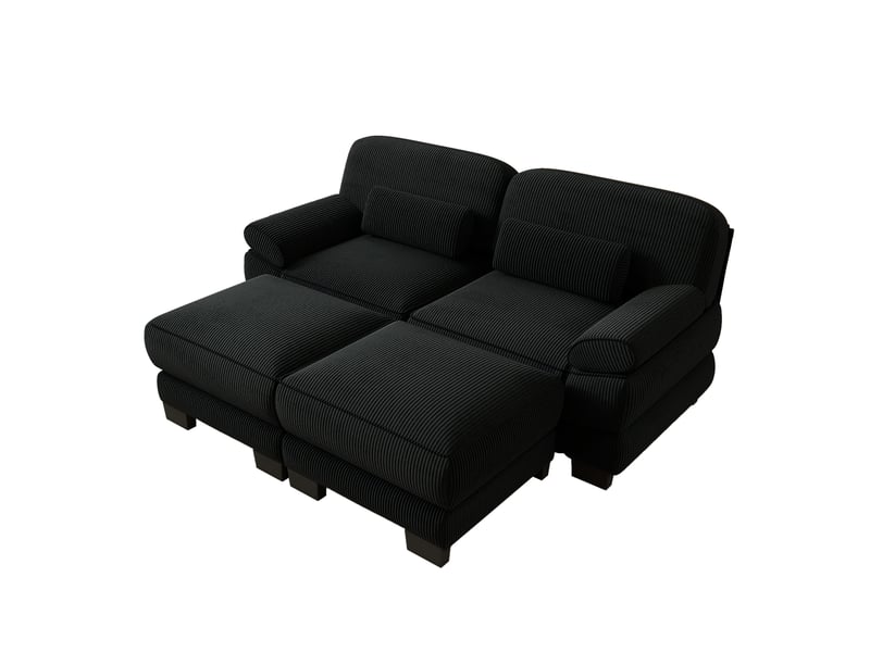  Canapé modulable 2 places en velours côtelé noir, avec 2 poufs, assise profonde, coussin lombaire, 194×161×94 cm  - Conforama A