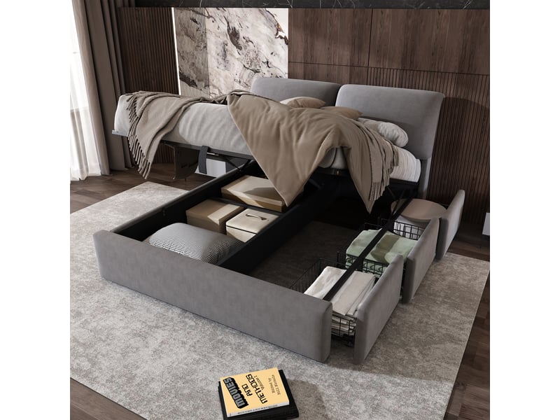  Lit coffre 140x190 cm, lit double, sommier à lattes, rangement hydraulique, velours gris, 3 tiroirs  - Conforama C