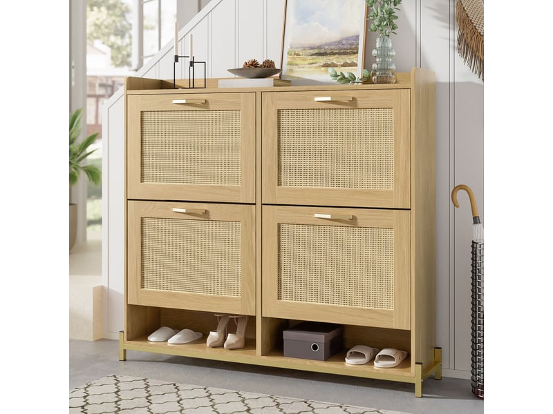  Meuble à chaussures 108,5x24x100 cm, 4 portes effet rotin, cadre métal et plateau supérieur, pour entrée et couloir - chêne clair  - Conforama D