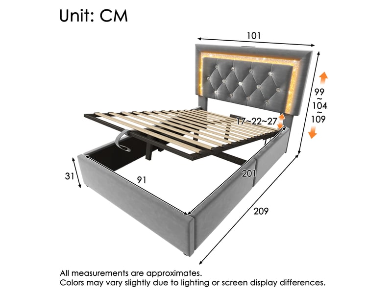  Lit coffre 90x200 cm avec rangement hydraulique, led et ports usb en velours gris  - Conforama E