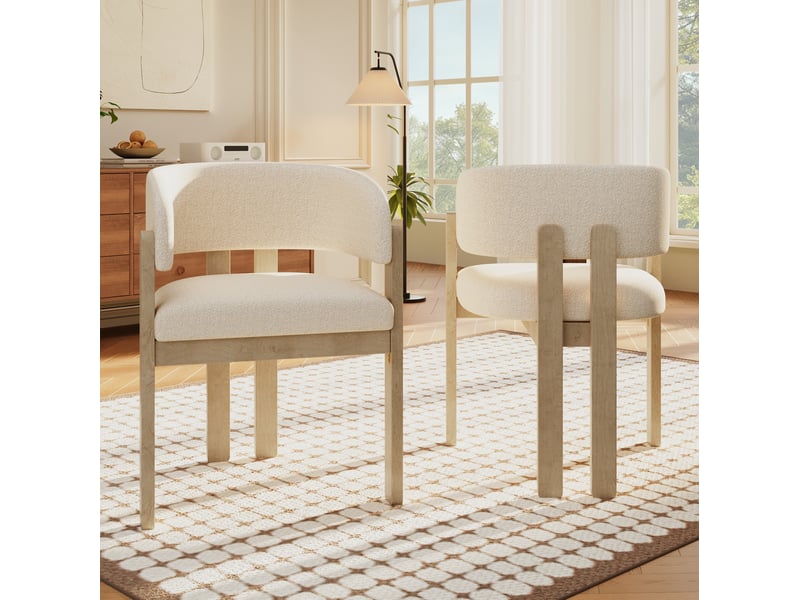  Chaise de salle à manger lot de 2 avec accoudoirs et dossier incurvé en bois et tissu bouclé naturel  - Conforama E