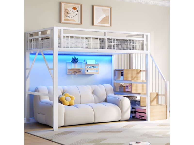 Lit mezzanine 90x200 cm, escalier avec rangement, led avec application, espace inférieur ouvert, métal et mdf, blanc OMNIGLINT TRADING LTD - Conforama B