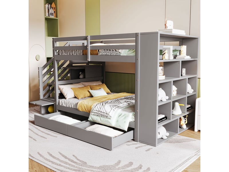  Lit superposé, 90x200 cm, avec escalier de sécurité, solutions de rangement, matelas non inclus, bois, coloris gris  - Conforama B
