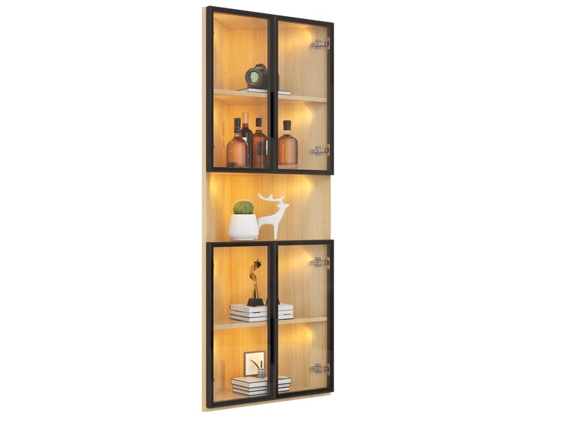  Vitrine 62x32x160 cm avec éclairage led, armoire en verre trempé avec cadre aluminium, meuble d'exposition pour collection et rangement - chêne  - Conforama A