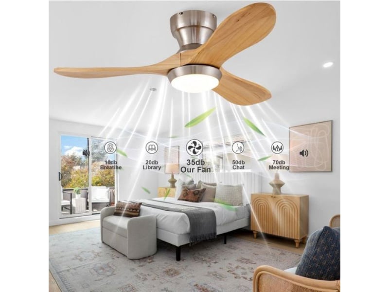  Ventilateur plafond encastrable avec éclairage, 3 pales en bois, télécommande, 6 vitesses, réversible, 3cct  - Conforama B
