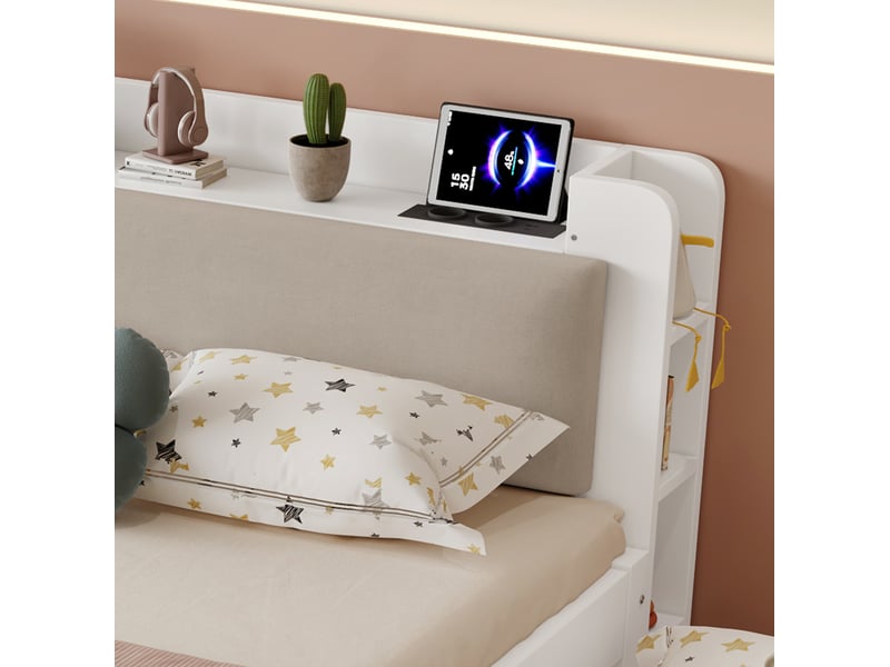 Lit fonctionnel 120x200 cm avec lit gigogne 90x190 cm, tête rembourrée, rangement ouvert, bois, blanc, sans matelas - Conforama E