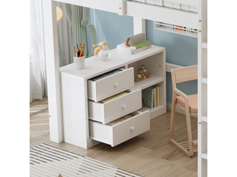  Lit mezzanine 90x200 cm, lit enfant avec bureau, 3 tiroirs, étagère, escalier, en mdf, blanc, sans matelas  - Conforama E