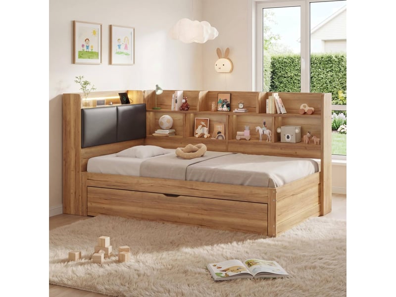  Lit enfant 90x200 avec tiroir-lit 90x190, éclairage led, prises usb, rangement intégré en bois naturel, lit d’appoint en l avec étagères ORFRN634W0056N - Conforama C