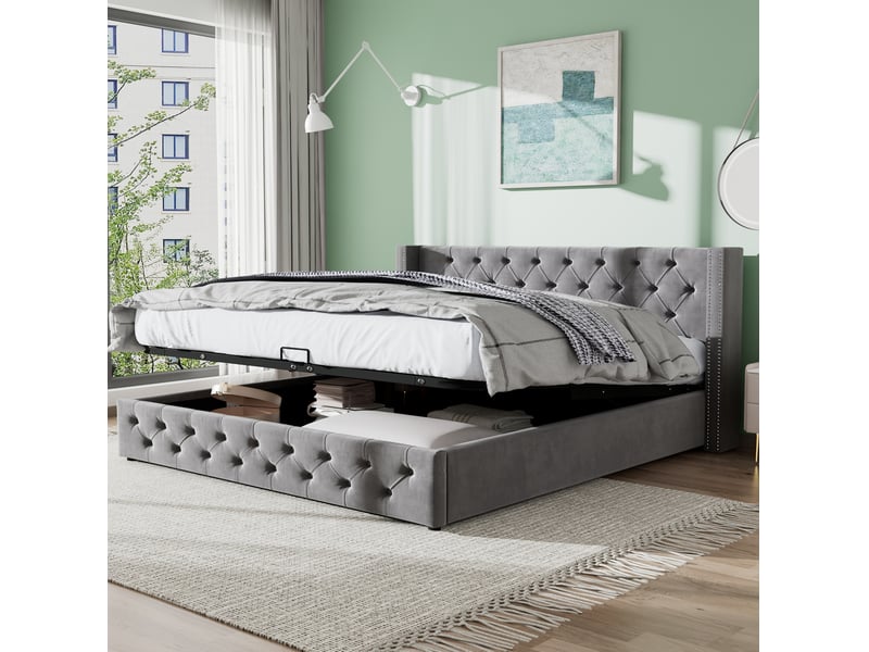  Lit coffre 140x190 avec ouverture hydraulique, tête de lit à rivets et rangement intégré, gris, sans matelas  - Conforama D