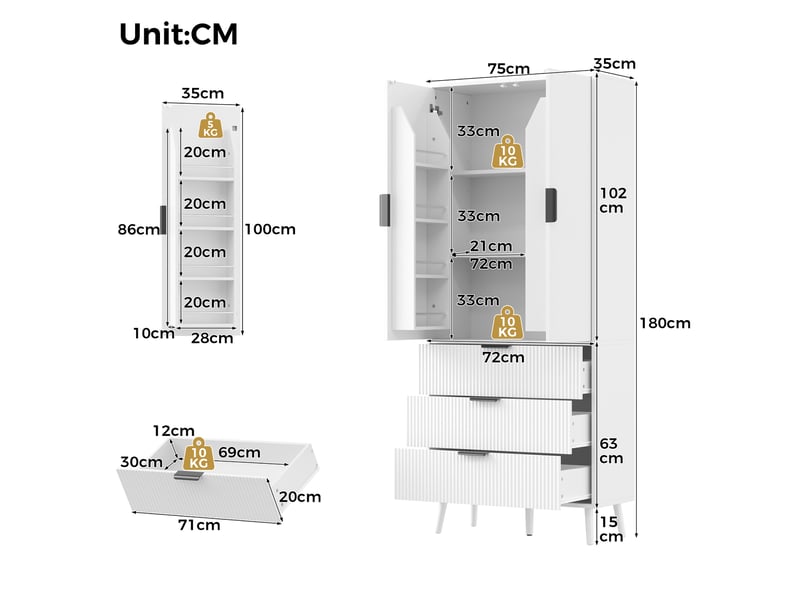  Armoire de cuisine 2 portes 3 tiroirs en mdf blanc 75 x 35 x 180 cm N635P48856970W - Conforama C